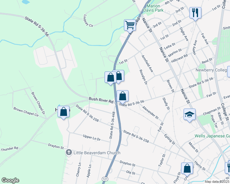 map of restaurants, bars, coffee shops, grocery stores, and more near 709 Kendall Road in Newberry