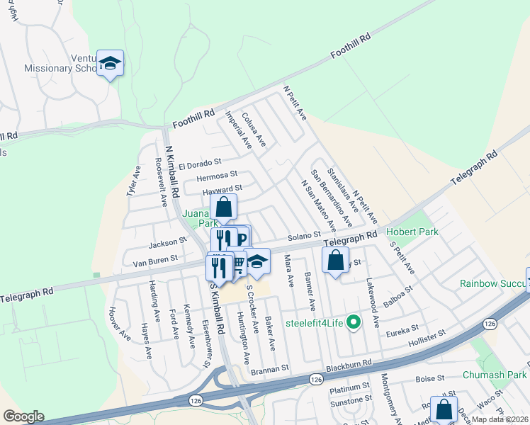 map of restaurants, bars, coffee shops, grocery stores, and more near 114 Alhambra Avenue in Ventura