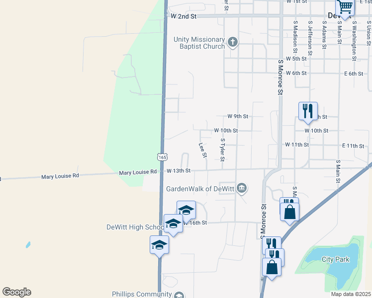 map of restaurants, bars, coffee shops, grocery stores, and more near 1 Lone Oak Circle in DeWitt