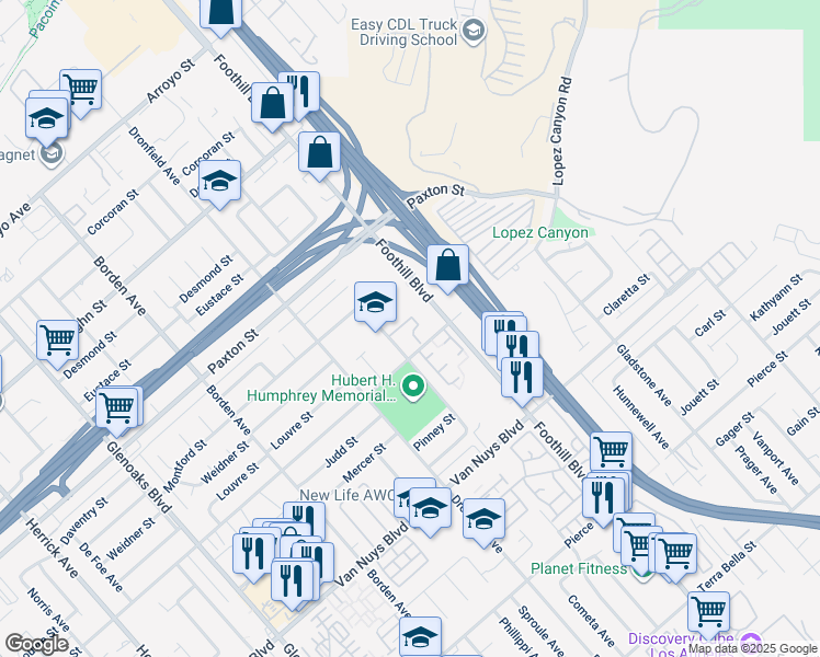 map of restaurants, bars, coffee shops, grocery stores, and more near 12416 Foothill Boulevard in Los Angeles