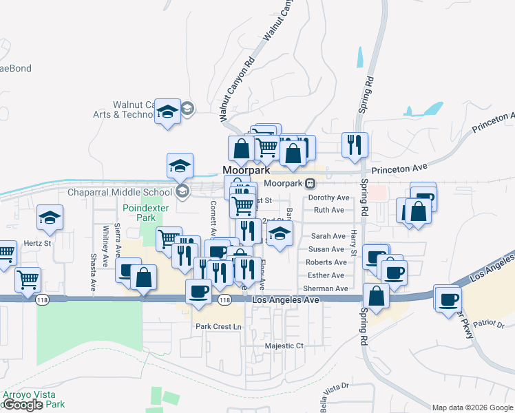 map of restaurants, bars, coffee shops, grocery stores, and more near 96 1st Street in Moorpark