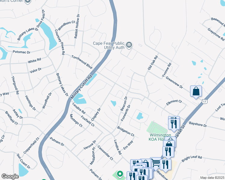 map of restaurants, bars, coffee shops, grocery stores, and more near 7472 Chipley Drive in Wilmington