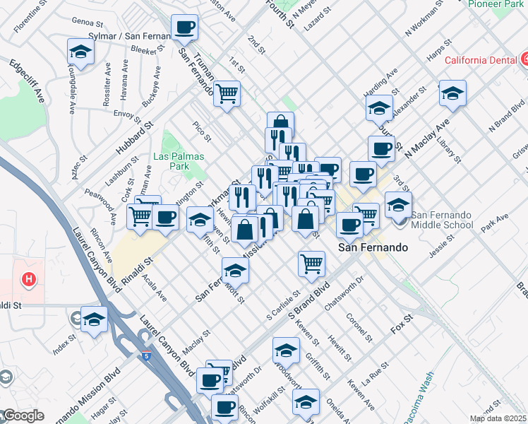 map of restaurants, bars, coffee shops, grocery stores, and more near 1247 Coronel Street in San Fernando