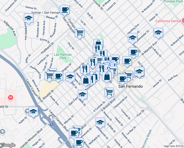 map of restaurants, bars, coffee shops, grocery stores, and more near 1247 Coronel Street in San Fernando