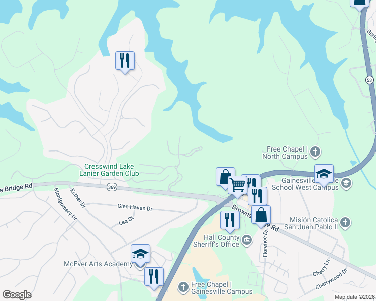 map of restaurants, bars, coffee shops, grocery stores, and more near 3159 Scarlet Oak Lane in Gainesville