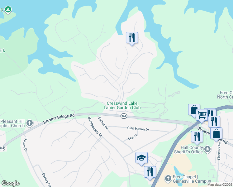 map of restaurants, bars, coffee shops, grocery stores, and more near 3341 Locust Cove Road in Gainesville