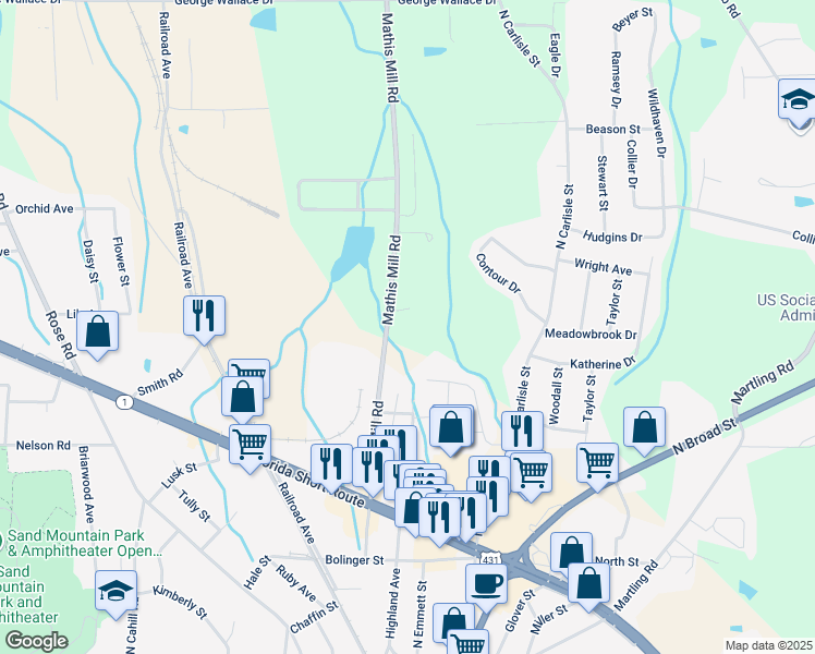 map of restaurants, bars, coffee shops, grocery stores, and more near 623 Mathis Mill Road in Albertville