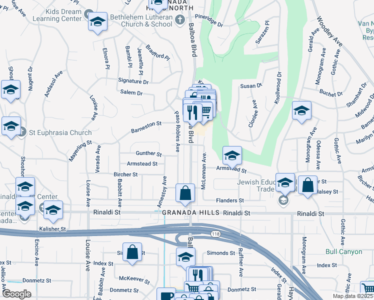 map of restaurants, bars, coffee shops, grocery stores, and more near 11725 Balboa Boulevard in Los Angeles