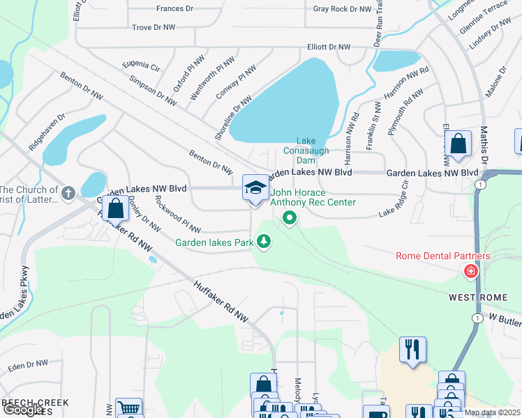 map of restaurants, bars, coffee shops, grocery stores, and more near 2903 Garden Lakes Northwest Boulevard in Rome