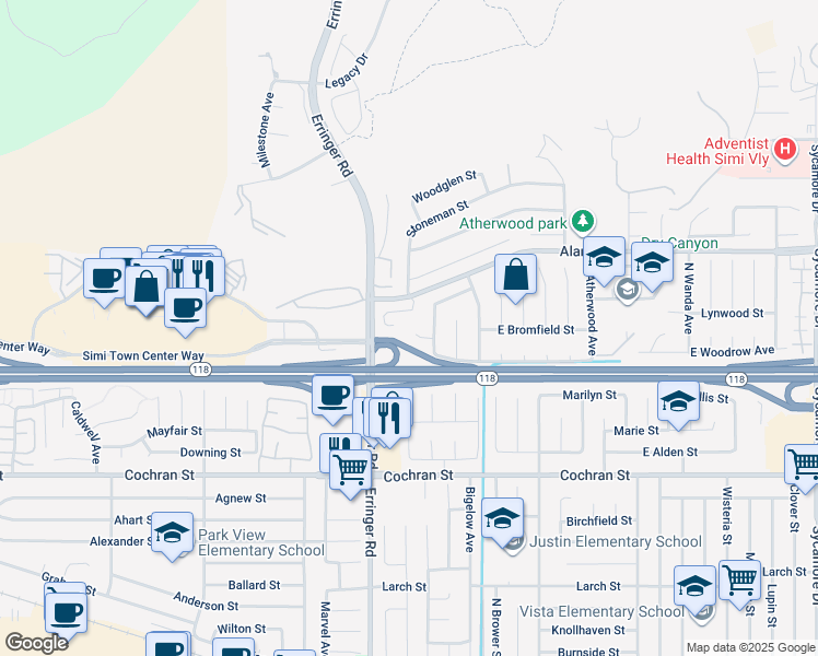 map of restaurants, bars, coffee shops, grocery stores, and more near 1909 Bardet Place in Simi Valley