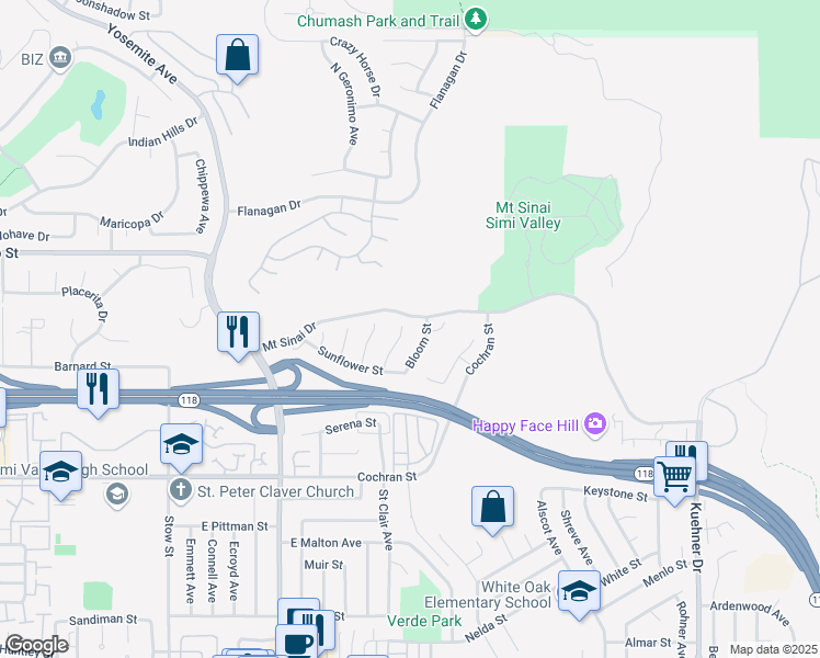 map of restaurants, bars, coffee shops, grocery stores, and more near 2684 Sunshine Valley Court in Simi Valley