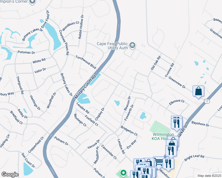 map of restaurants, bars, coffee shops, grocery stores, and more near 403 Torchwood Boulevard in Wilmington