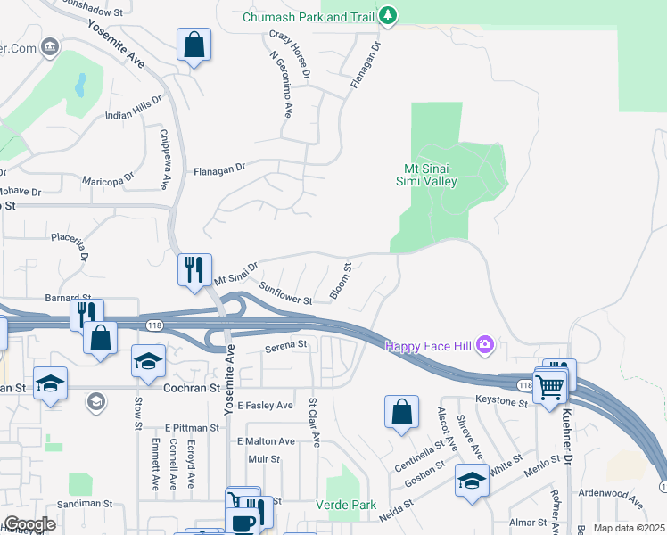 map of restaurants, bars, coffee shops, grocery stores, and more near 2684 Sunshine Valley Court in Simi Valley