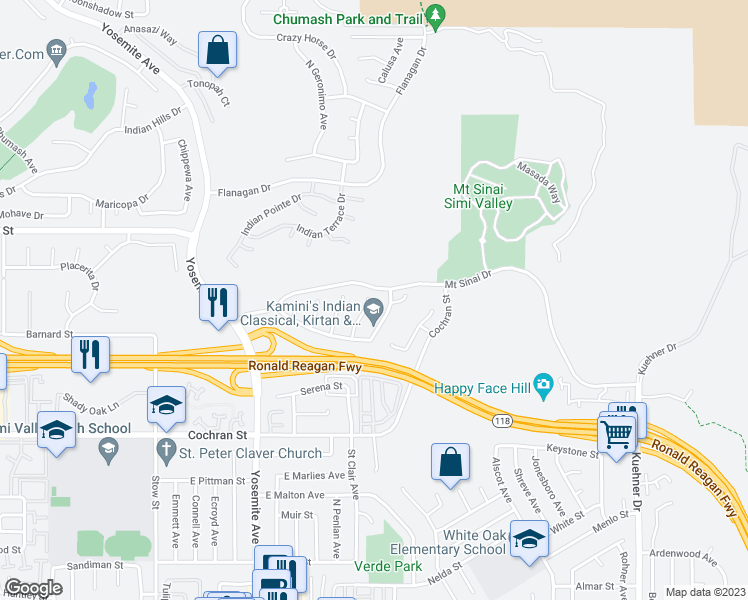map of restaurants, bars, coffee shops, grocery stores, and more near 2684 Sunshine Valley Court in Simi Valley