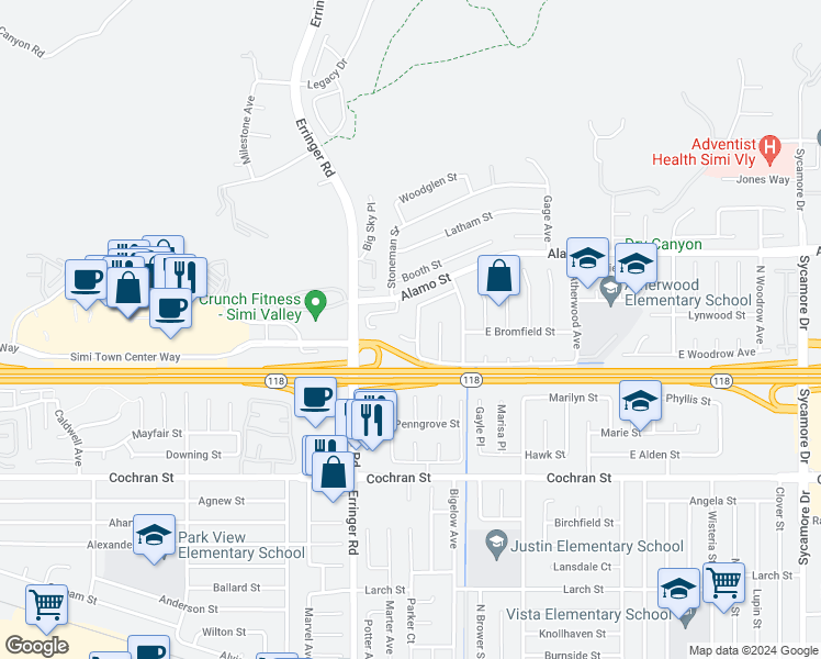 map of restaurants, bars, coffee shops, grocery stores, and more near 2621 Bancock Street in Simi Valley