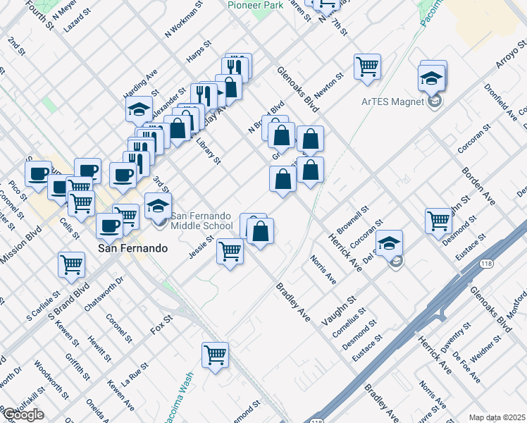 map of restaurants, bars, coffee shops, grocery stores, and more near 459 Park Ave in San Fernando
