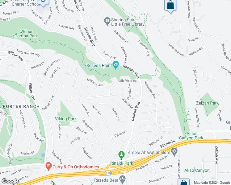 map of restaurants, bars, coffee shops, grocery stores, and more near 18585 Brasilia Drive in Los Angeles