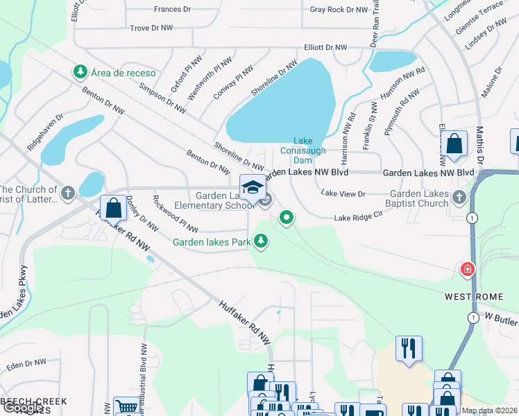 map of restaurants, bars, coffee shops, grocery stores, and more near 2903 Garden Lakes Northwest Boulevard in Rome