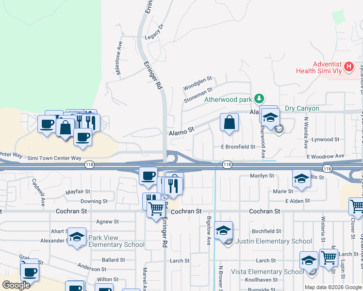 map of restaurants, bars, coffee shops, grocery stores, and more near 1967 Bardet Place in Simi Valley