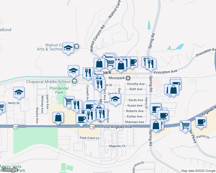map of restaurants, bars, coffee shops, grocery stores, and more near 96 1st Street in Moorpark
