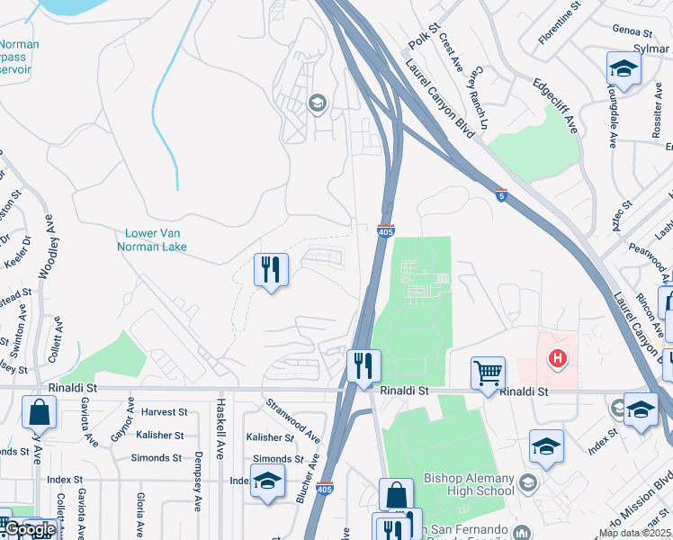 map of restaurants, bars, coffee shops, grocery stores, and more near 15601 Odyssey Drive in Los Angeles