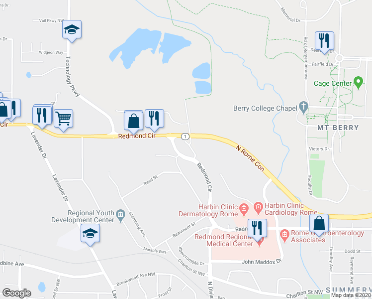 map of restaurants, bars, coffee shops, grocery stores, and more near 1307 Redmond Circle in Rome