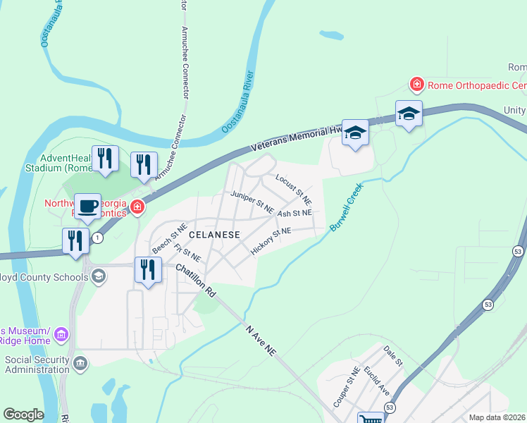 map of restaurants, bars, coffee shops, grocery stores, and more near 5 Juniper Street Northeast in Rome