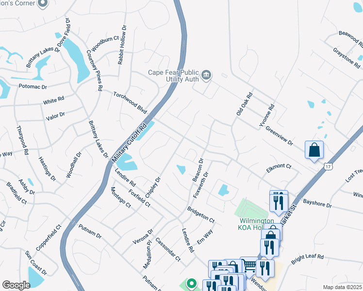 map of restaurants, bars, coffee shops, grocery stores, and more near 7476 Chipley Drive in Wilmington