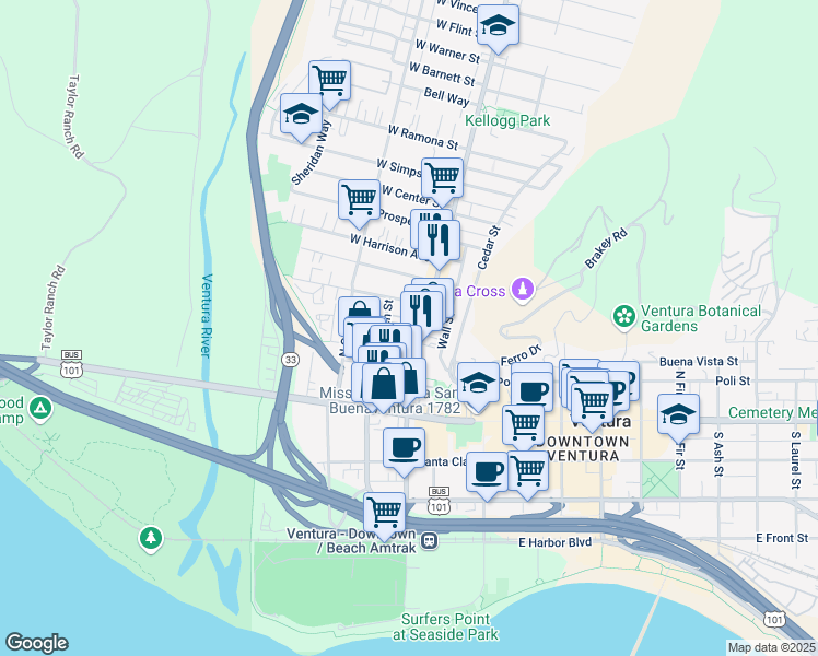 map of restaurants, bars, coffee shops, grocery stores, and more near 251 North Ventura Avenue in Ventura