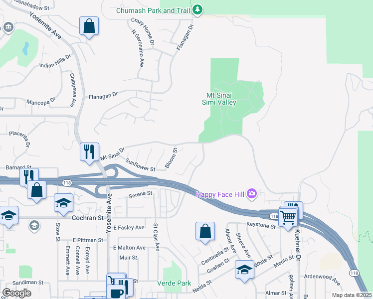 map of restaurants, bars, coffee shops, grocery stores, and more near 6162 Tulipwood Court in Simi Valley