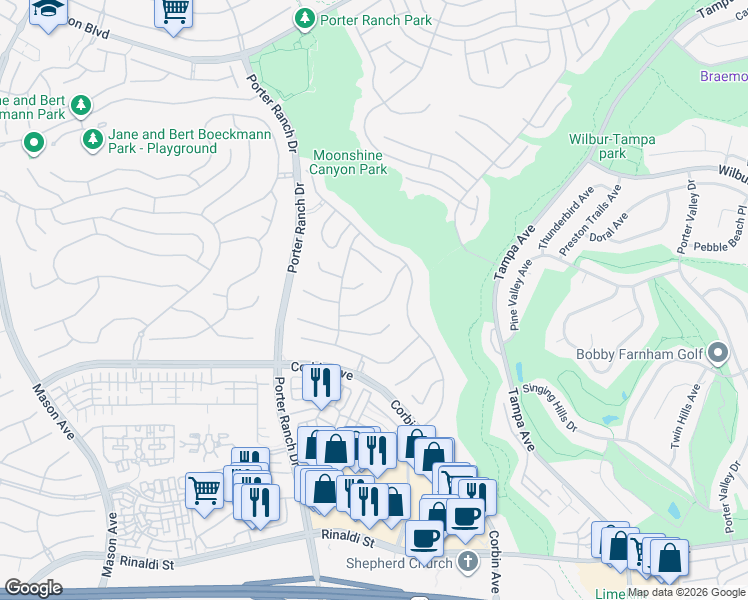 map of restaurants, bars, coffee shops, grocery stores, and more near 19805 Sierra Meadows Lane in Los Angeles