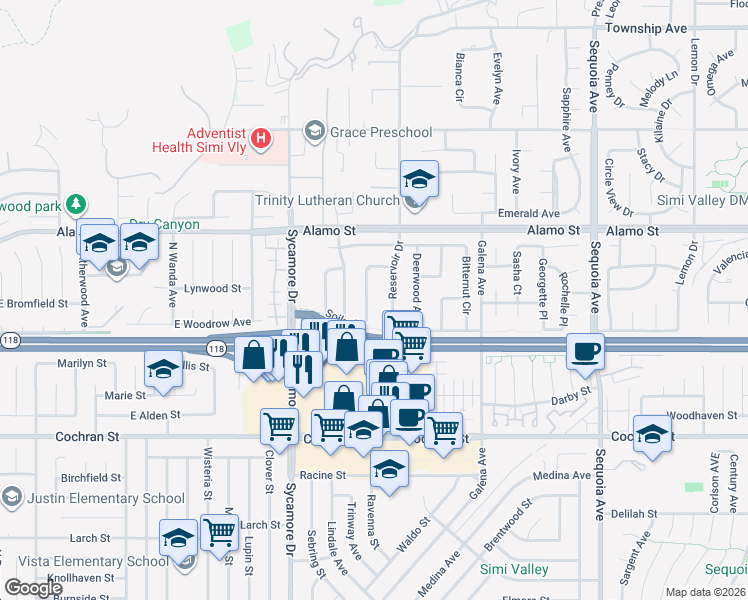 map of restaurants, bars, coffee shops, grocery stores, and more near 2660 Tumbleweed Circle in Simi Valley