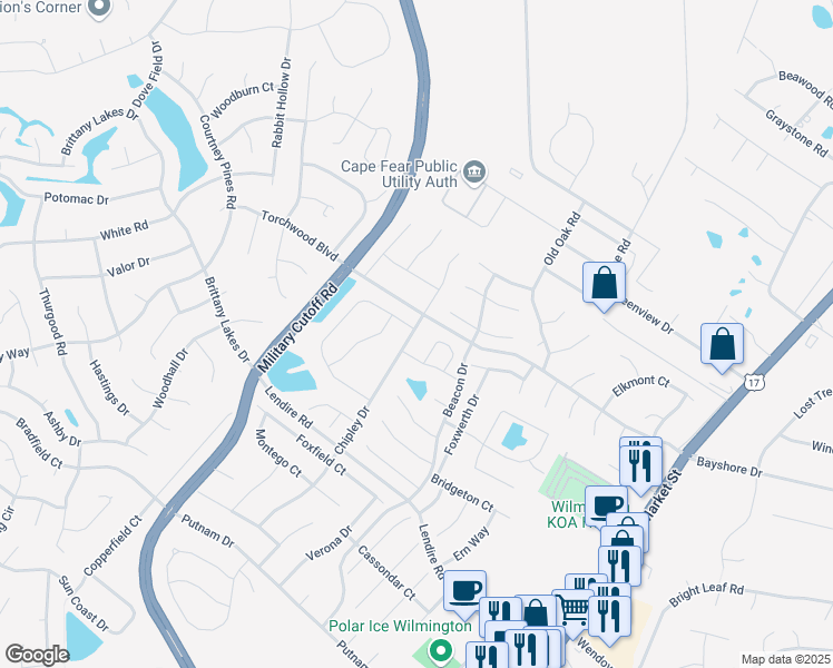 map of restaurants, bars, coffee shops, grocery stores, and more near 7476 Chipley Drive in Wilmington