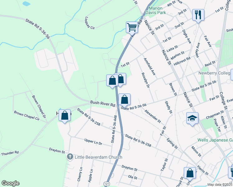map of restaurants, bars, coffee shops, grocery stores, and more near 709 Kendall Road in Newberry
