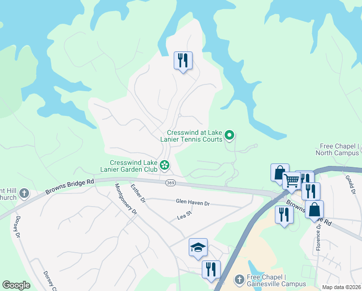 map of restaurants, bars, coffee shops, grocery stores, and more near Black Gum Lane in Gainesville