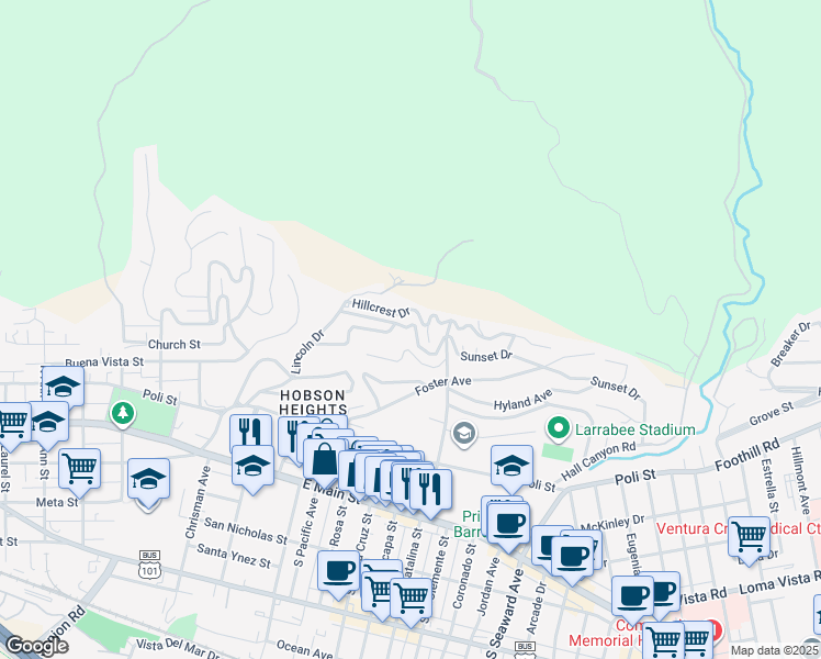 map of restaurants, bars, coffee shops, grocery stores, and more near 1942 Sunset Drive in Ventura