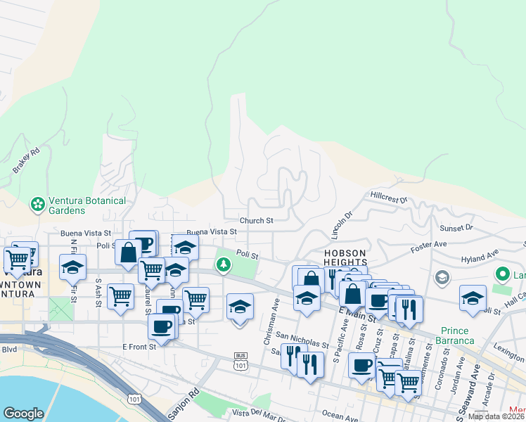 map of restaurants, bars, coffee shops, grocery stores, and more near 1476 Brodiea Avenue in Ventura