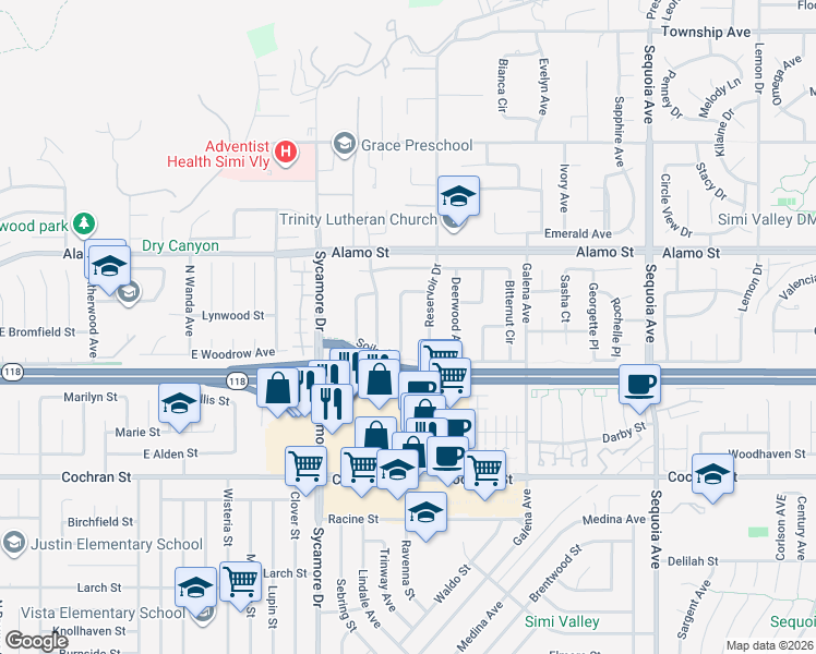 map of restaurants, bars, coffee shops, grocery stores, and more near 2660 Tumbleweed Circle in Simi Valley