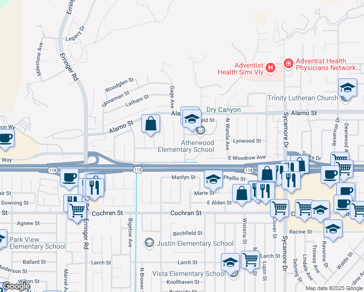 map of restaurants, bars, coffee shops, grocery stores, and more near 2707 North Atherwood Avenue in Simi Valley