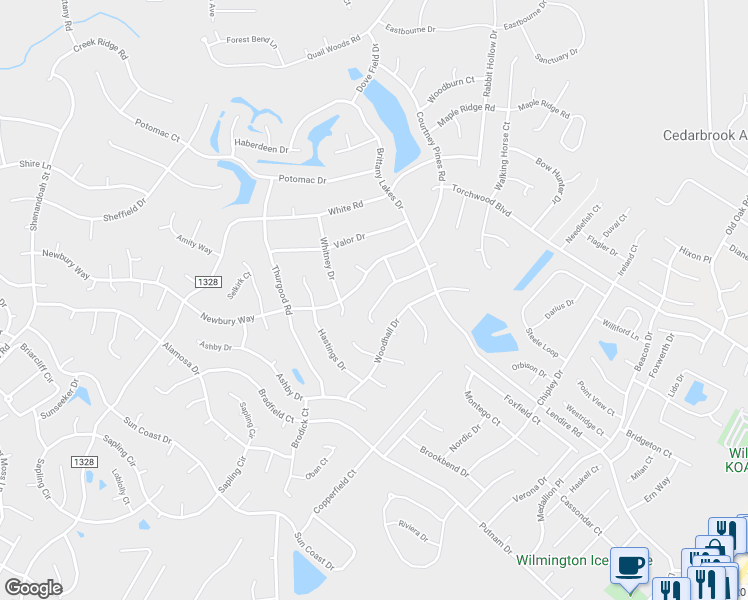 map of restaurants, bars, coffee shops, grocery stores, and more near 7225 Peppercorn Court in Wilmington