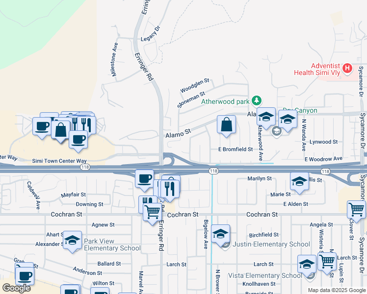 map of restaurants, bars, coffee shops, grocery stores, and more near 1967 Bardet Place in Simi Valley