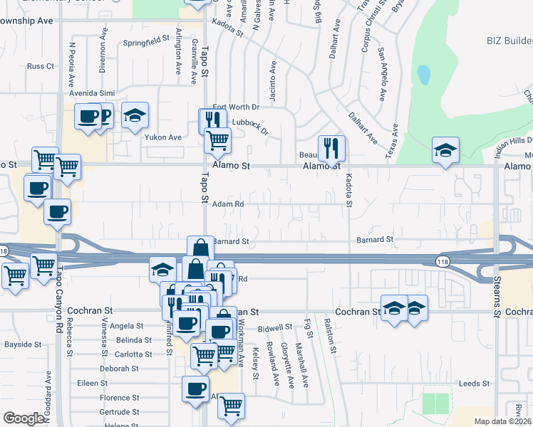 map of restaurants, bars, coffee shops, grocery stores, and more near 4550 Adam Road in Simi Valley