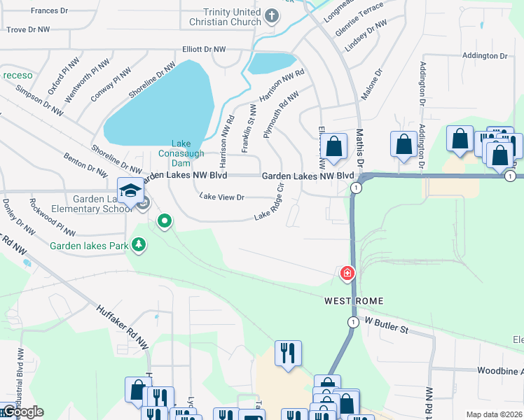 map of restaurants, bars, coffee shops, grocery stores, and more near 2604 Lakeridge Circle Northwest in Rome