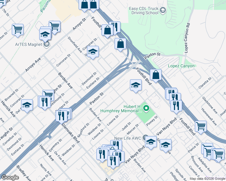 map of restaurants, bars, coffee shops, grocery stores, and more near 11779 Dronfield Avenue in Los Angeles