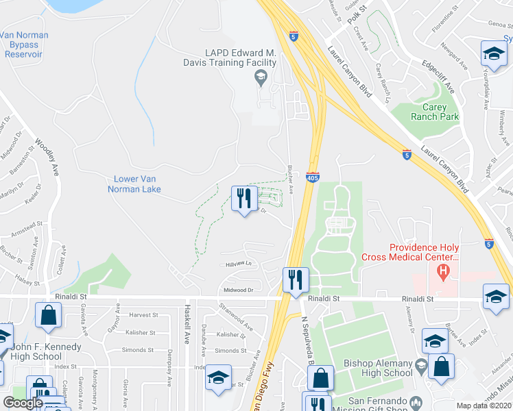 map of restaurants, bars, coffee shops, grocery stores, and more near 15637 Odyssey Drive in Los Angeles