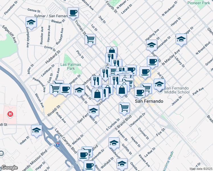map of restaurants, bars, coffee shops, grocery stores, and more near 1247 Coronel Street in San Fernando
