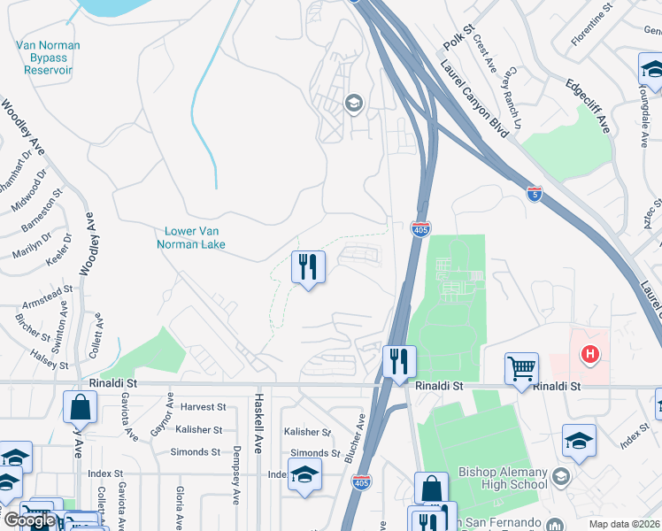 map of restaurants, bars, coffee shops, grocery stores, and more near 15601 Odyssey Drive in Los Angeles