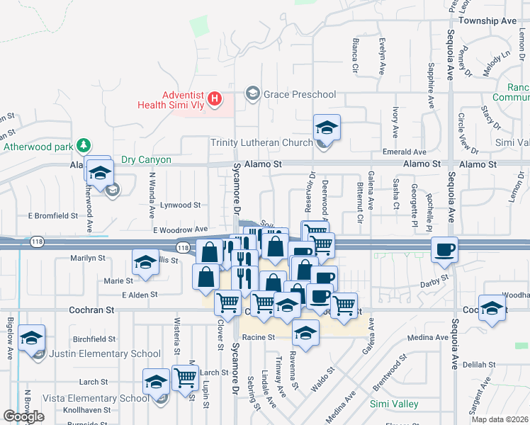 map of restaurants, bars, coffee shops, grocery stores, and more near 2686 Cimmaron Avenue in Simi Valley