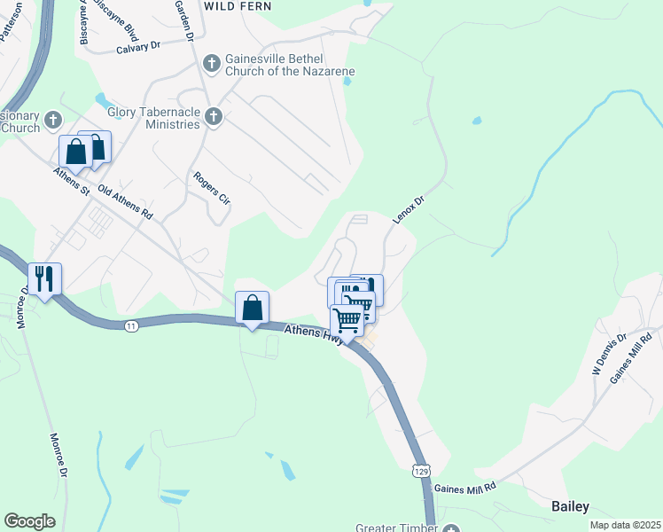 map of restaurants, bars, coffee shops, grocery stores, and more near 1000 Lenox Park Drive in Gainesville