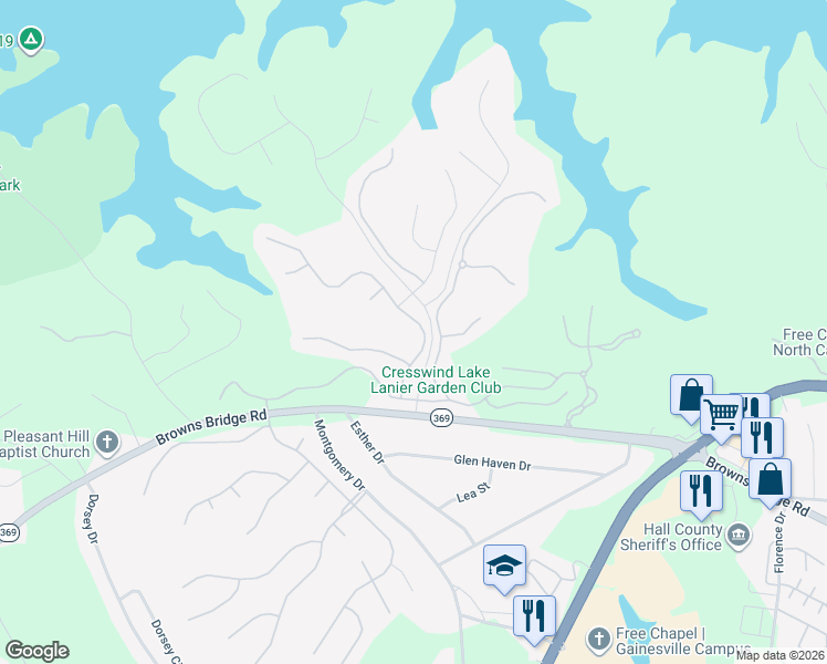 map of restaurants, bars, coffee shops, grocery stores, and more near 3345 Locust Cove Road in Gainesville